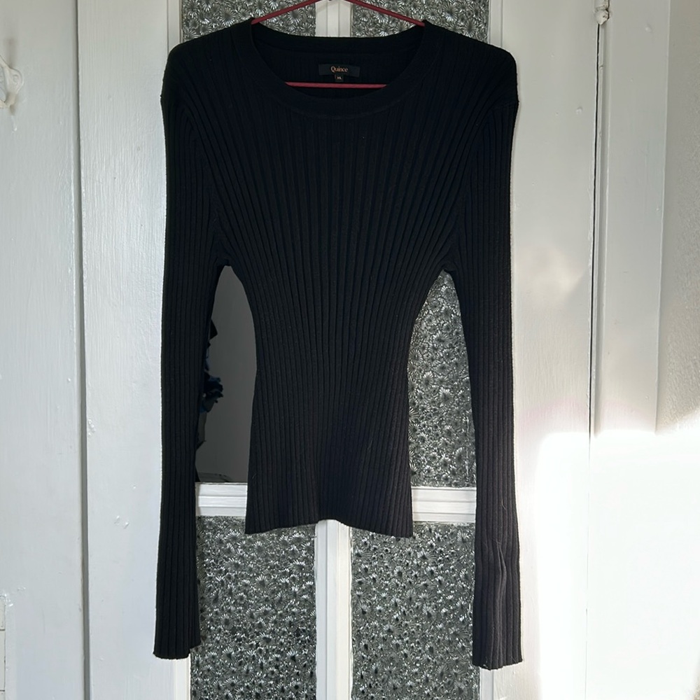 QUINCE Cotton/Cashmere Ribbed Long Sleeve Sweater Black XL